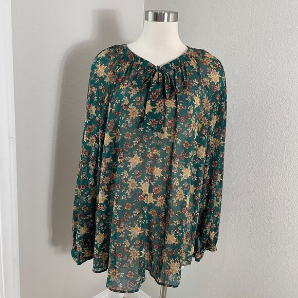 TORRID Plus 3X Green Floral Long Sleeve Blouse V Neck Tie Front Shirt Top - Picture 1 of 12